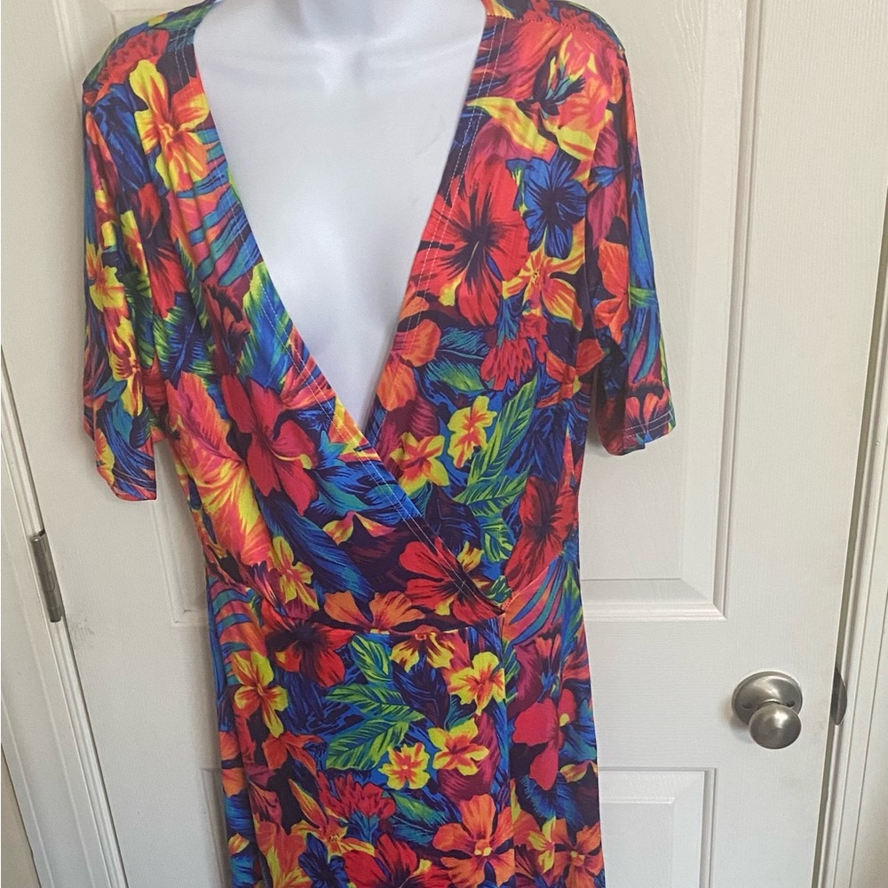 Maxi Dress Womens 1X Sleeve Bright Multi Color Tropical Print Fun Cruise Resort